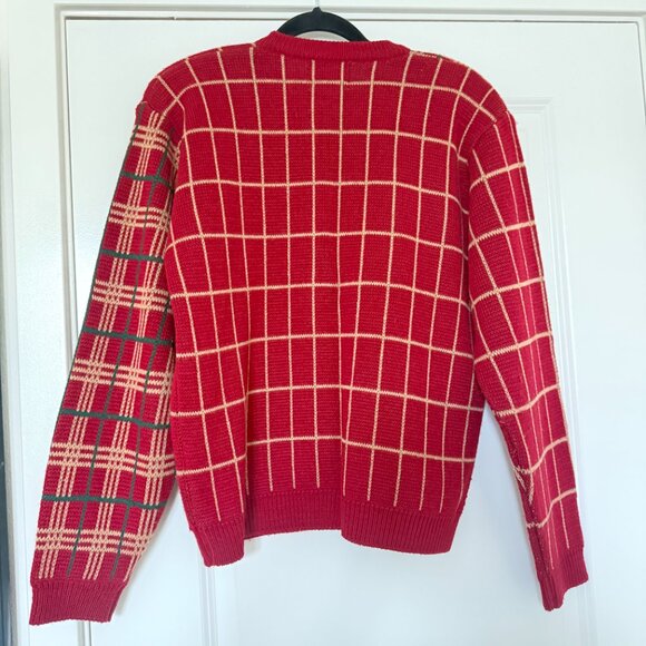 Vintage knit plaid Christmas holiday preppy gift cardigan red grandpa sweater - Picture 2 of 16